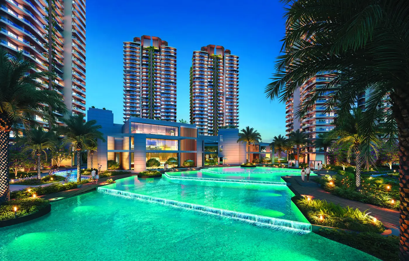 Club Elixir and its pool lit up in the evening