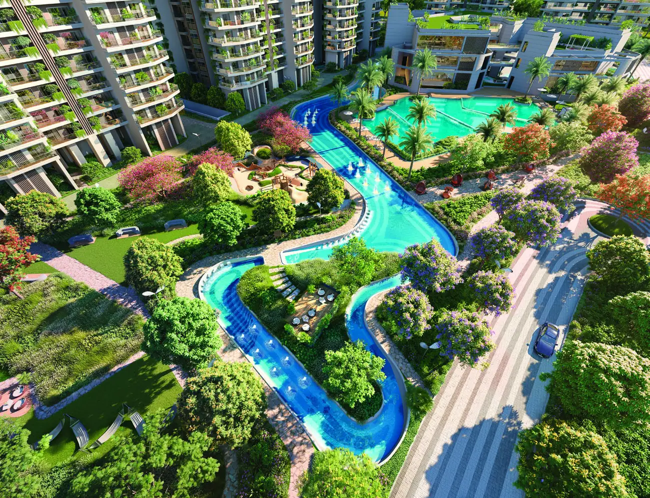Aerial view of garden courts and winding water channels between the towers