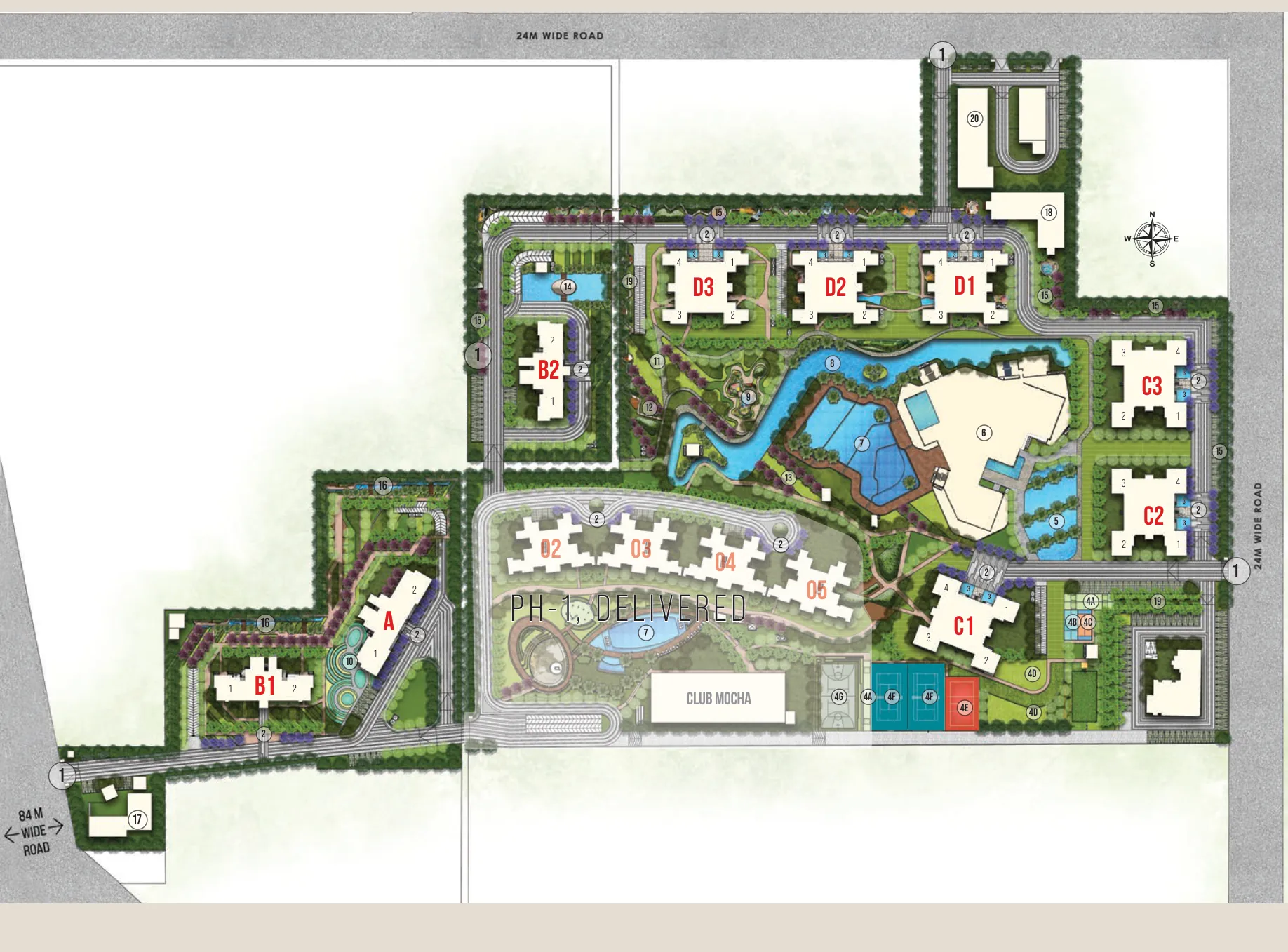Cocoa County master plan with towers, Club Elixir, courts and water features